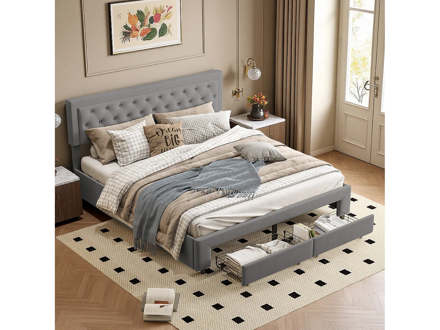 Lit coffre 160 x 200 cm - NEXU - Lit double adulte avec sommier à lattes et tiroirs de rangement - tissu velours gris