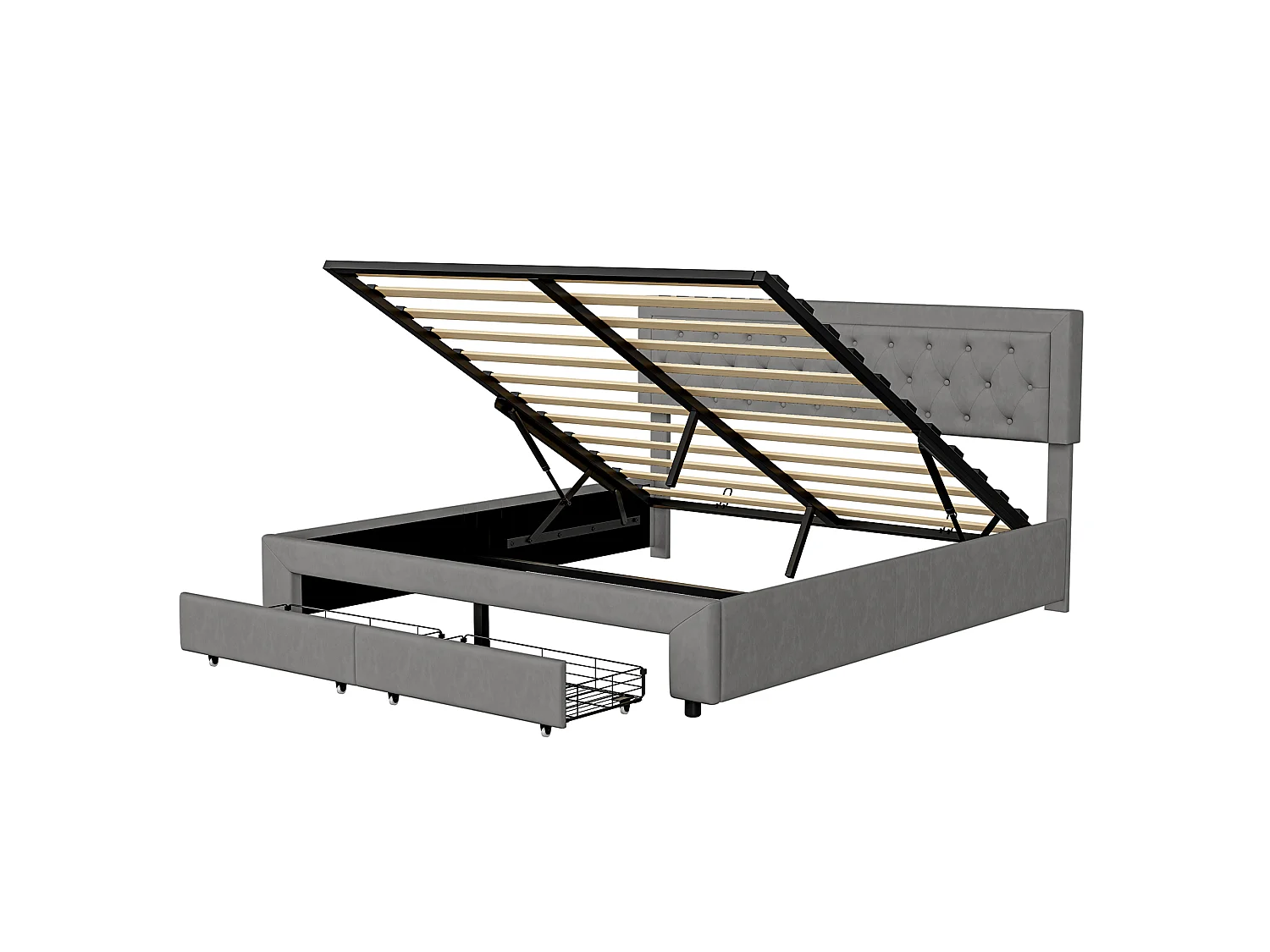Lit coffre 160 x 200 cm - NEXU - Lit double adulte avec sommier à lattes et tiroirs de rangement - tissu velours gris