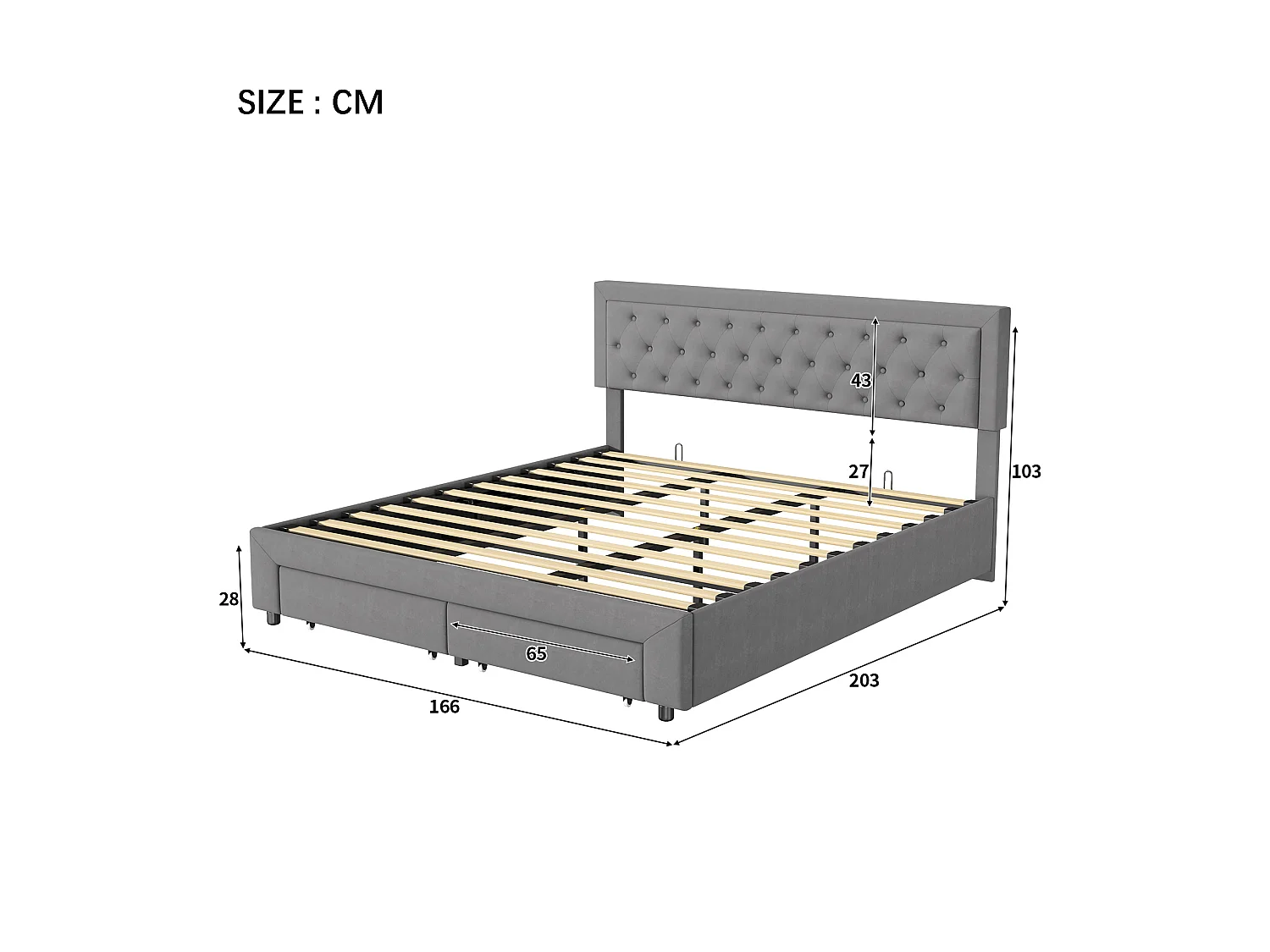 Lit coffre 160 x 200 cm - NEXU - Lit double adulte avec sommier à lattes et tiroirs de rangement - tissu velours gris