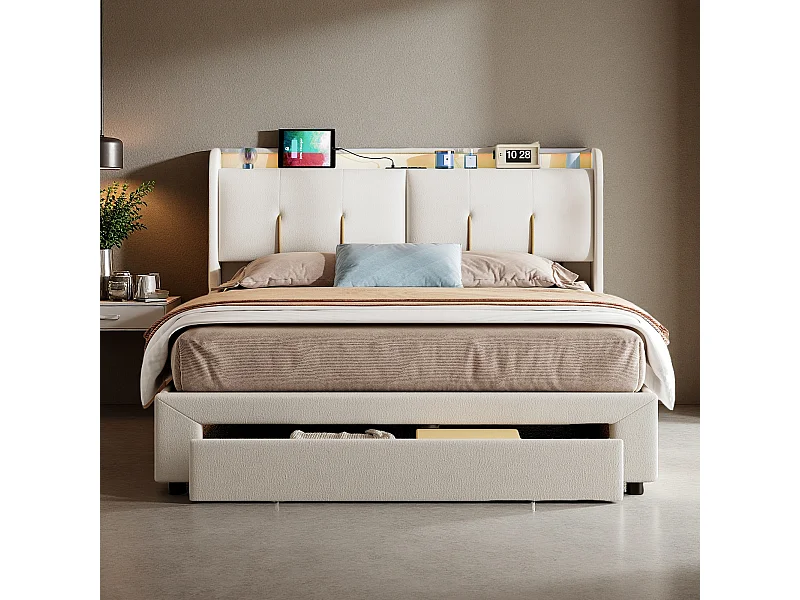 Lit 160x200 cm sommier à lattes - NEXU - lit coffre 160x200 cm avec tiroirs - cadre de lit adulte 160x200 cm avec USB et LED - tissu en velours - blanc cassé