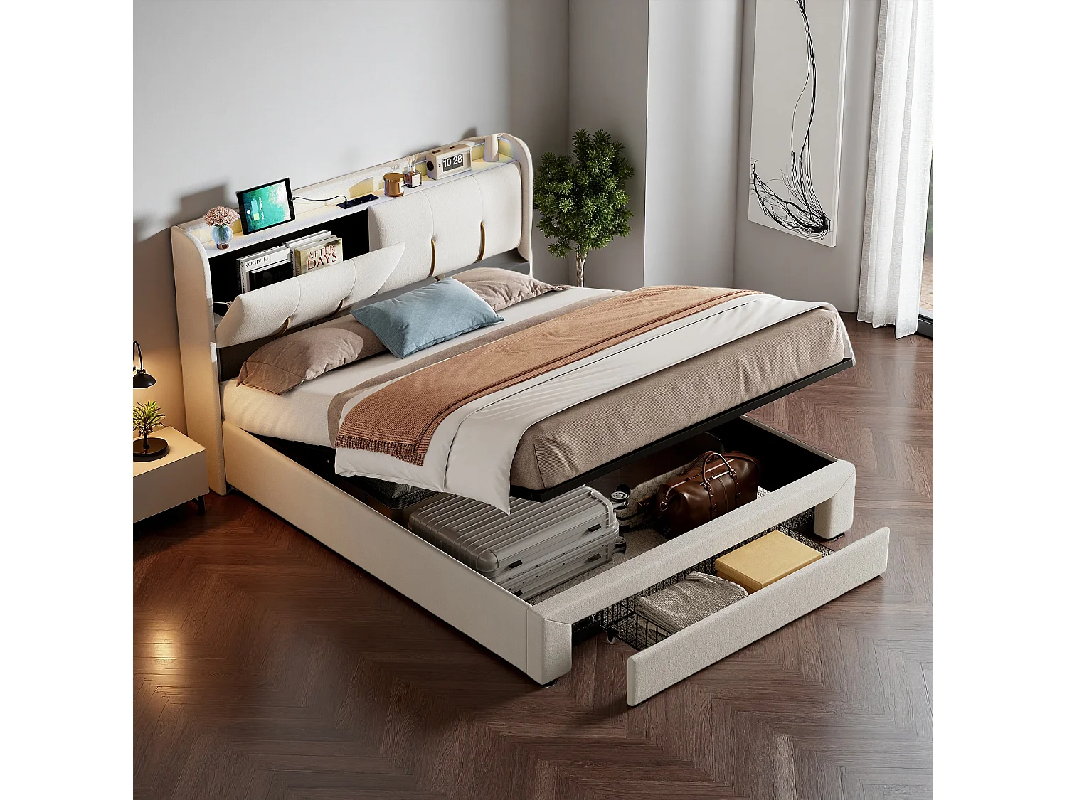 Lit 160x200 cm sommier à lattes - NEXU - lit coffre 160x200 cm avec tiroirs - cadre de lit adulte 160x200 cm avec USB et LED - tissu en velours - blanc cassé