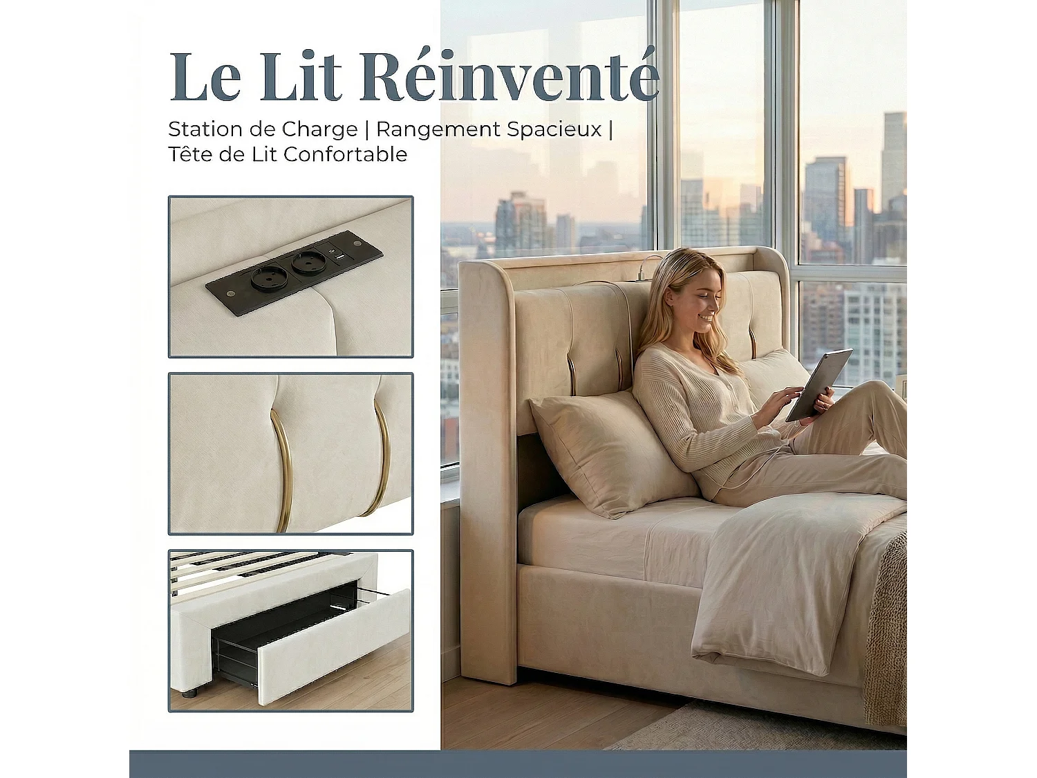 NEXU Lit coffre 160x200 cm avec tiroirs, sommier à lattes, LED et ports de charge, revêtement en velours blanc cassé