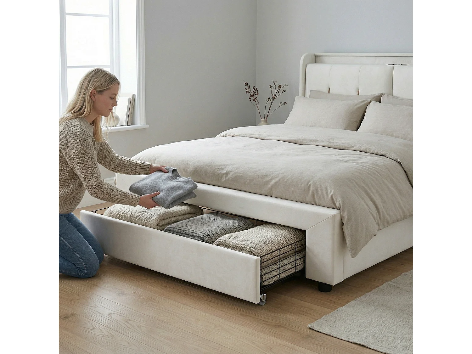 NEXU Lit coffre 160x200 cm avec tiroirs, sommier à lattes, LED et ports de charge, revêtement en velours blanc cassé