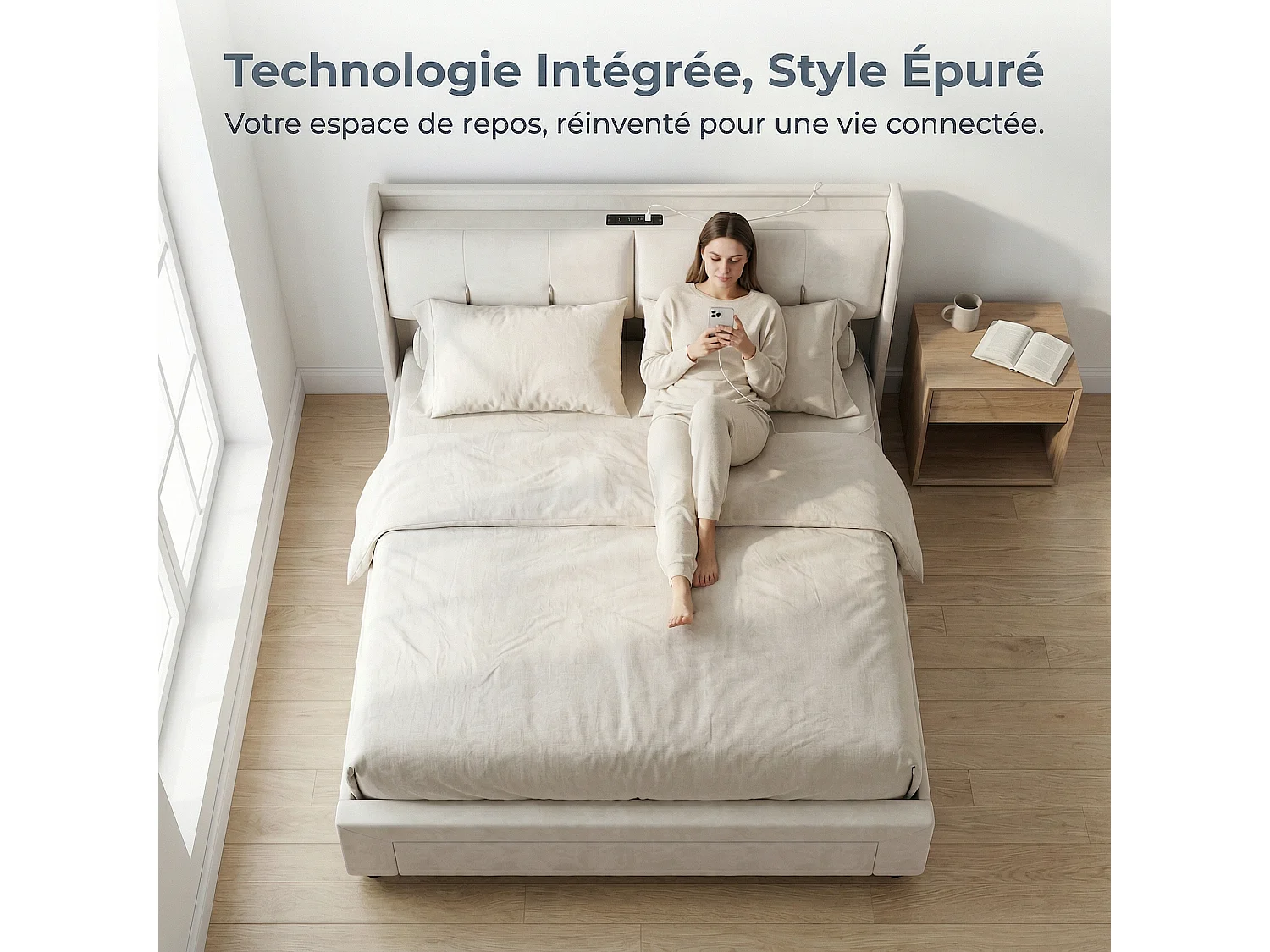 NEXU Lit coffre 160x200 cm avec tiroirs, sommier à lattes, LED et ports de charge, revêtement en velours blanc cassé