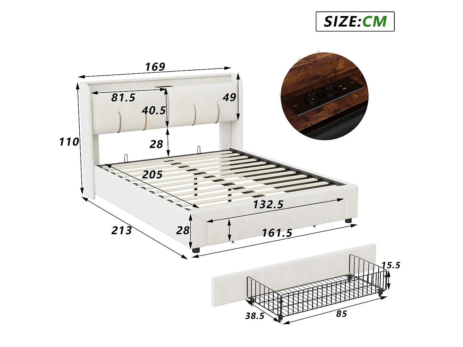 NEXU Lit coffre 160x200 cm avec tiroirs, sommier à lattes, LED et ports de charge, revêtement en velours blanc cassé