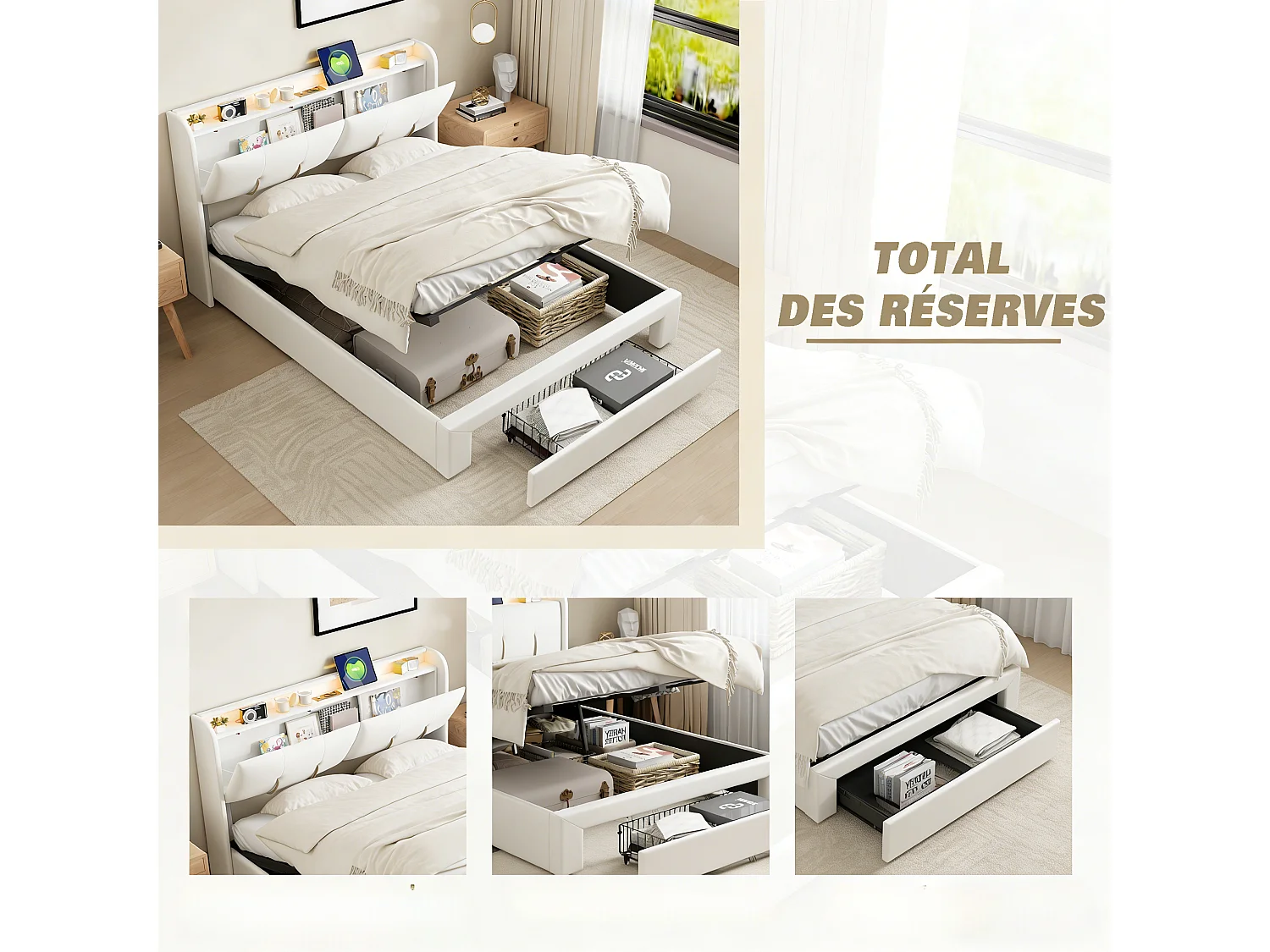 NEXU Lit coffre 160x200 cm avec tiroirs, sommier à lattes, LED et ports de charge, revêtement en velours blanc cassé