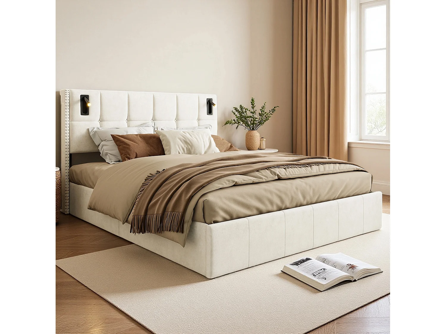 Lit Coffre 160x200 cm en tissu velours avec sommier - lit adulte rembourré - tête de lit USB et Type-c - LED - Beige