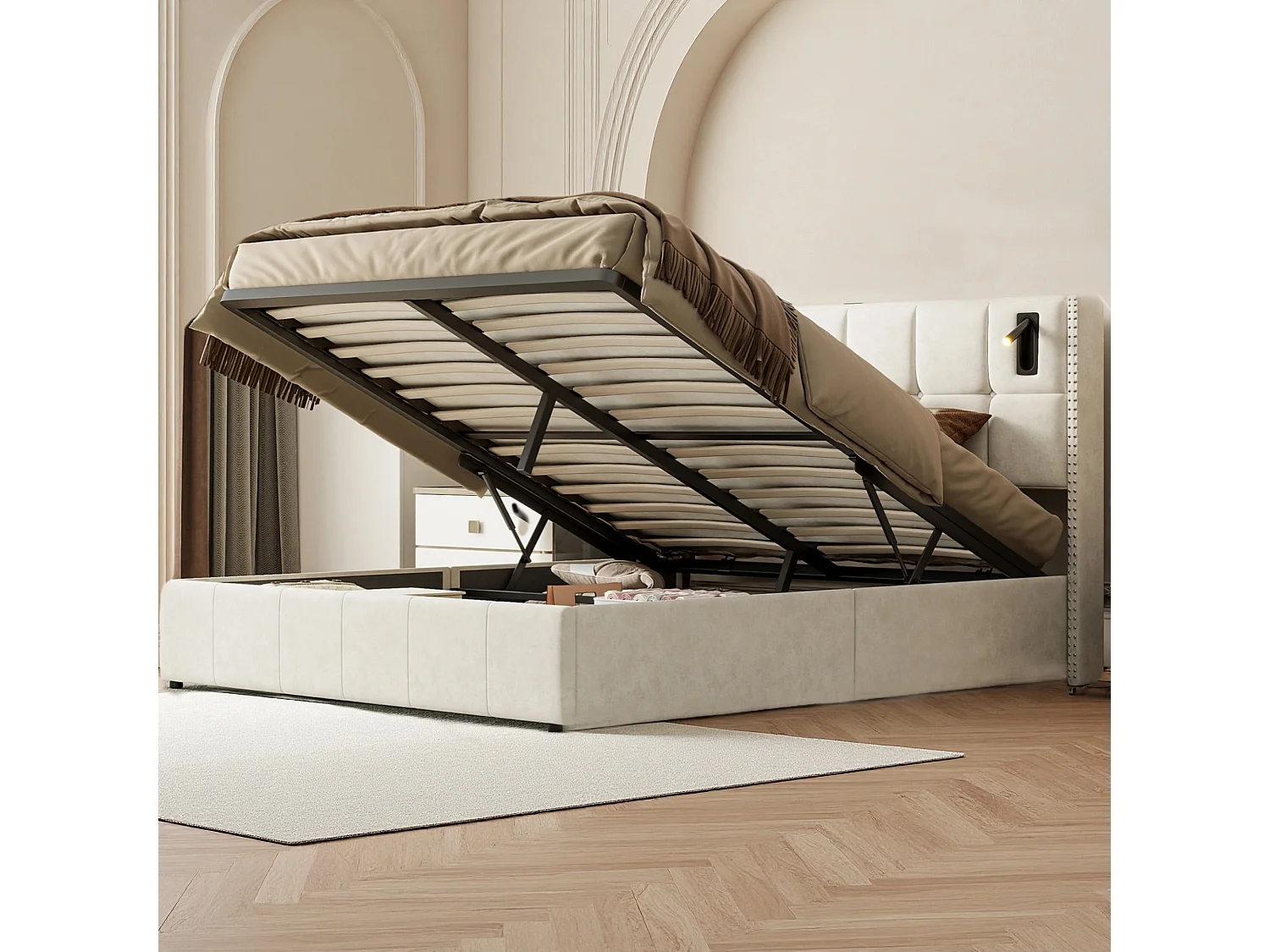 Lit Coffre 160x200 cm en tissu velours avec sommier - lit adulte rembourré - tête de lit USB et Type-c - LED - Beige