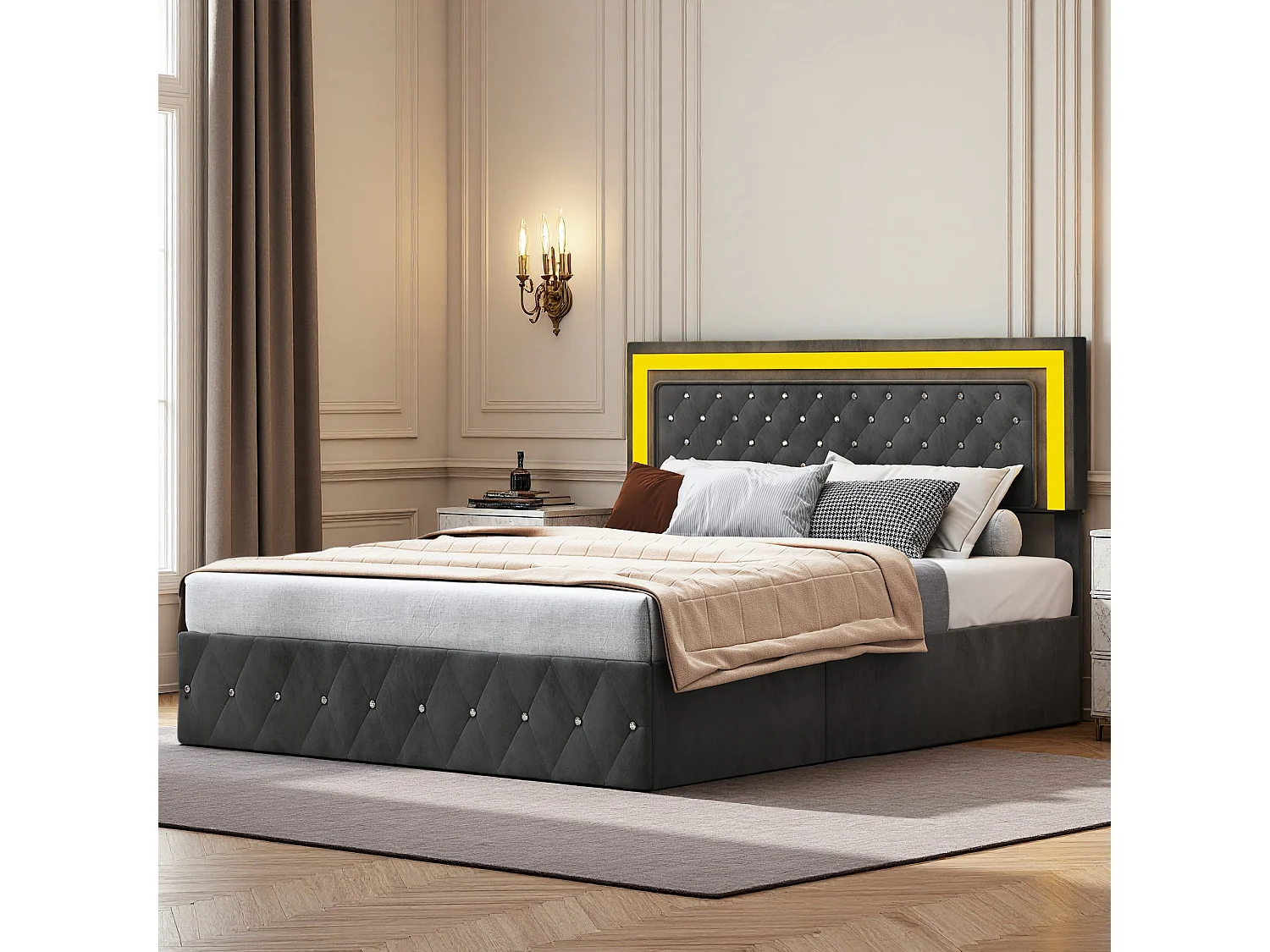 Lit coffre 180x200 cm avec sommier à lattes et LED, hydraulique rangement, lit double rembourré 180x200 cm soldes en tissu velours, noir