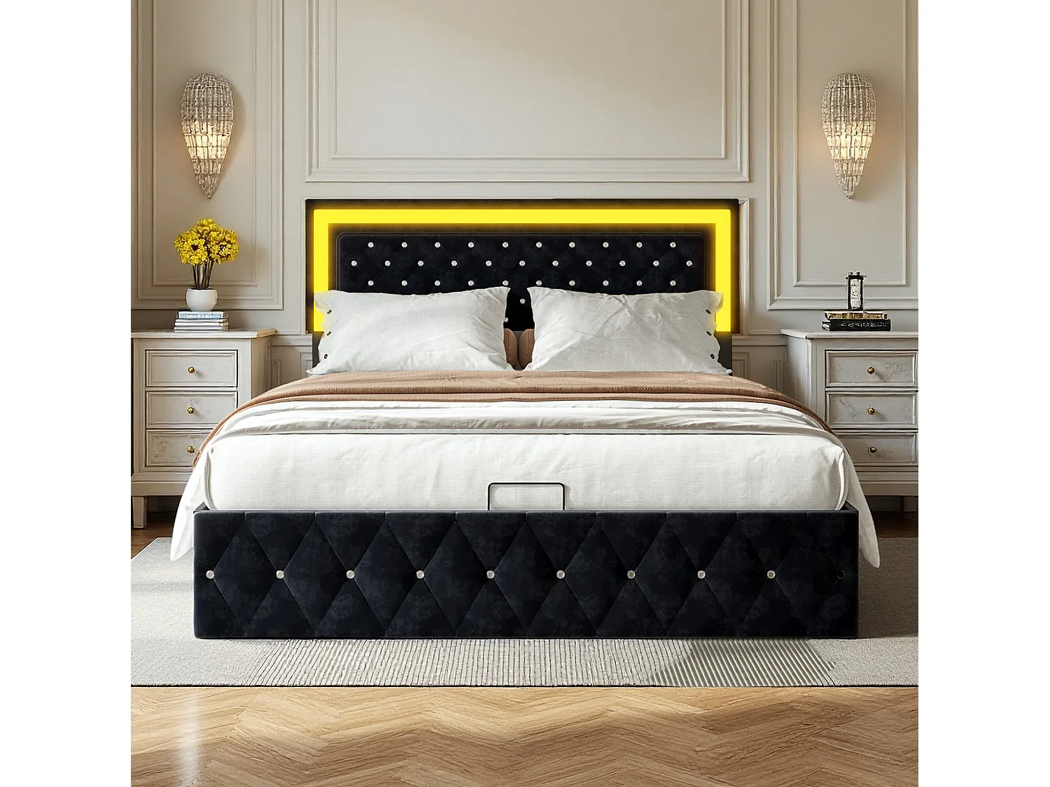 Lit coffre 180x200 cm avec sommier à lattes et LED, hydraulique rangement, lit double rembourré 180x200 cm soldes en tissu velours, noir