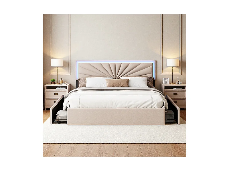 Lit 160x200 cm avec LED et 4 tiroirs - lit adulte 160x200 cm avec sommier à lattes - tissu en lin - beige