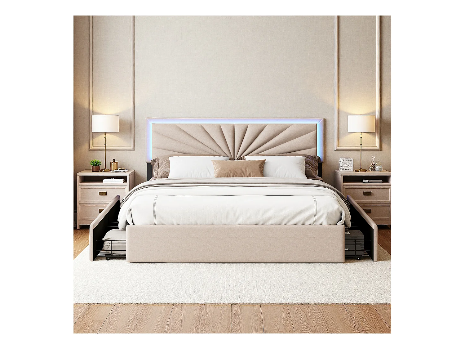 Lit 160x200 cm avec LED et 4 tiroirs - lit adulte 160x200 cm avec sommier à lattes - tissu en lin - beige