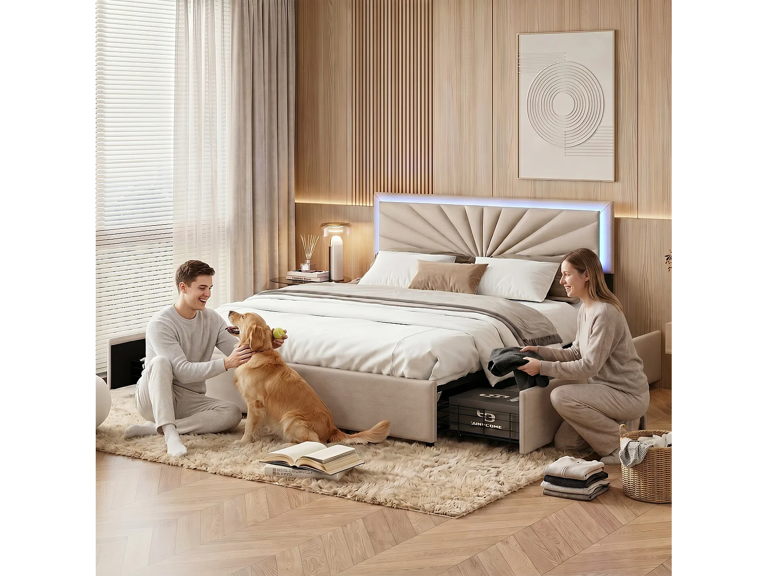 Lit adulte 160x200 cm avec 4 tiroirs, sommier à lattes et LED, revêtement en tissu de lin beige