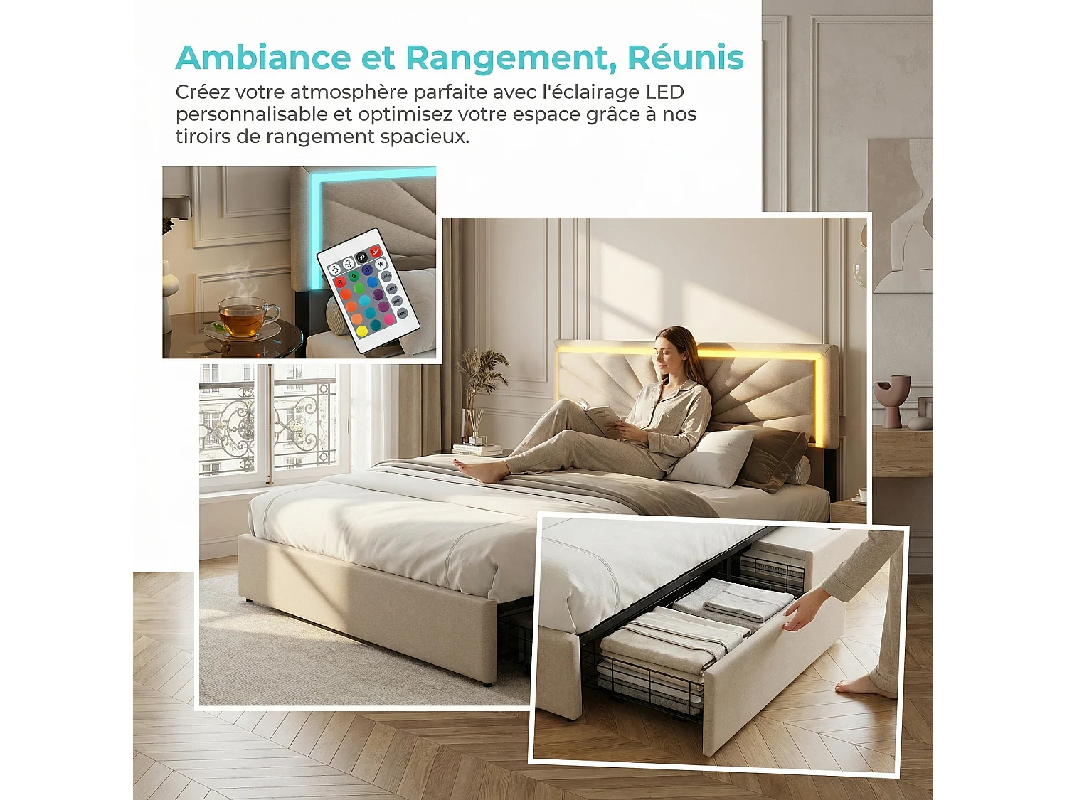 Lit adulte 160x200 cm avec 4 tiroirs, sommier à lattes et LED, revêtement en tissu de lin beige