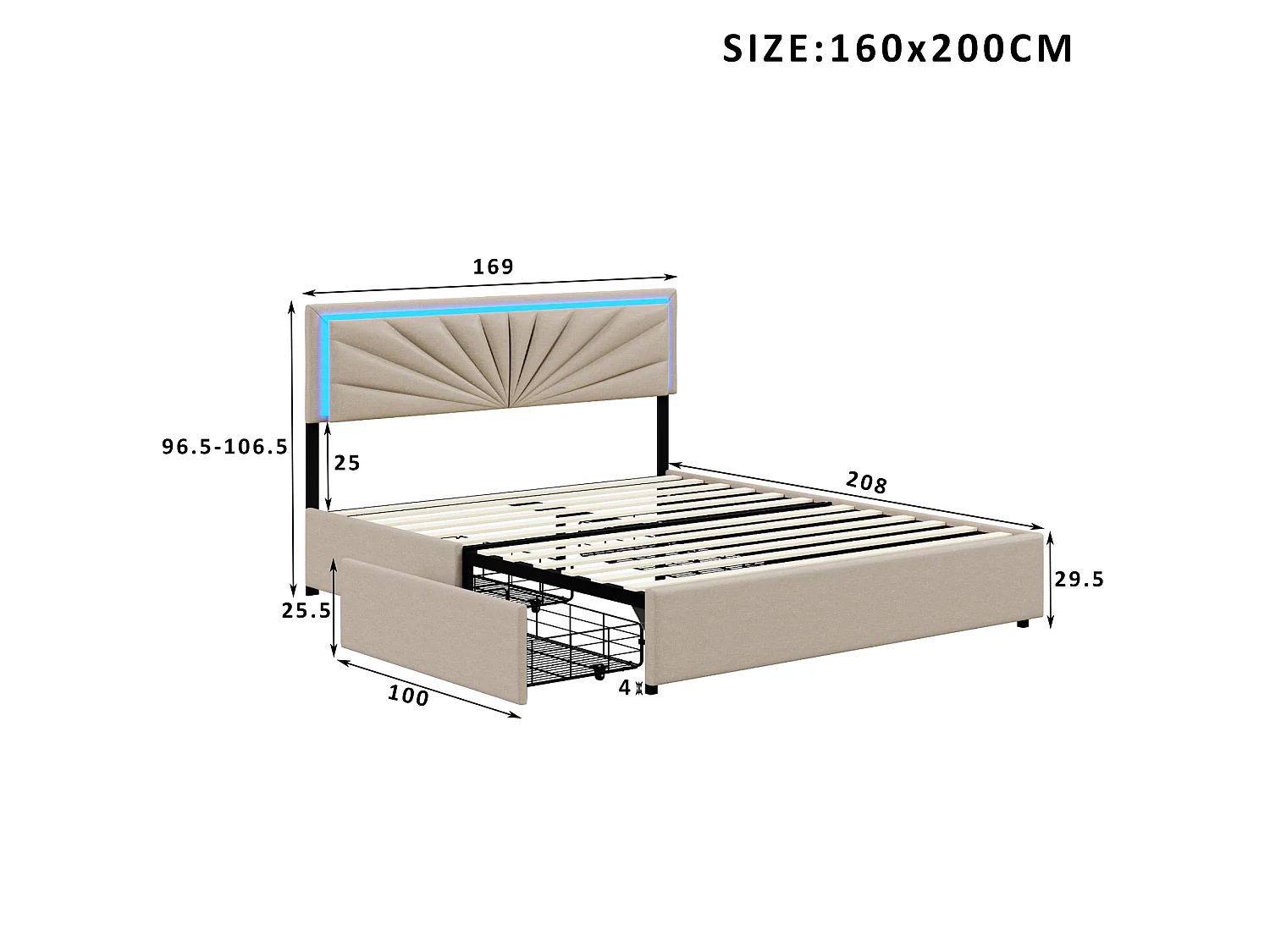 Lit adulte 160x200 cm avec 4 tiroirs, sommier à lattes et LED, revêtement en tissu de lin beige