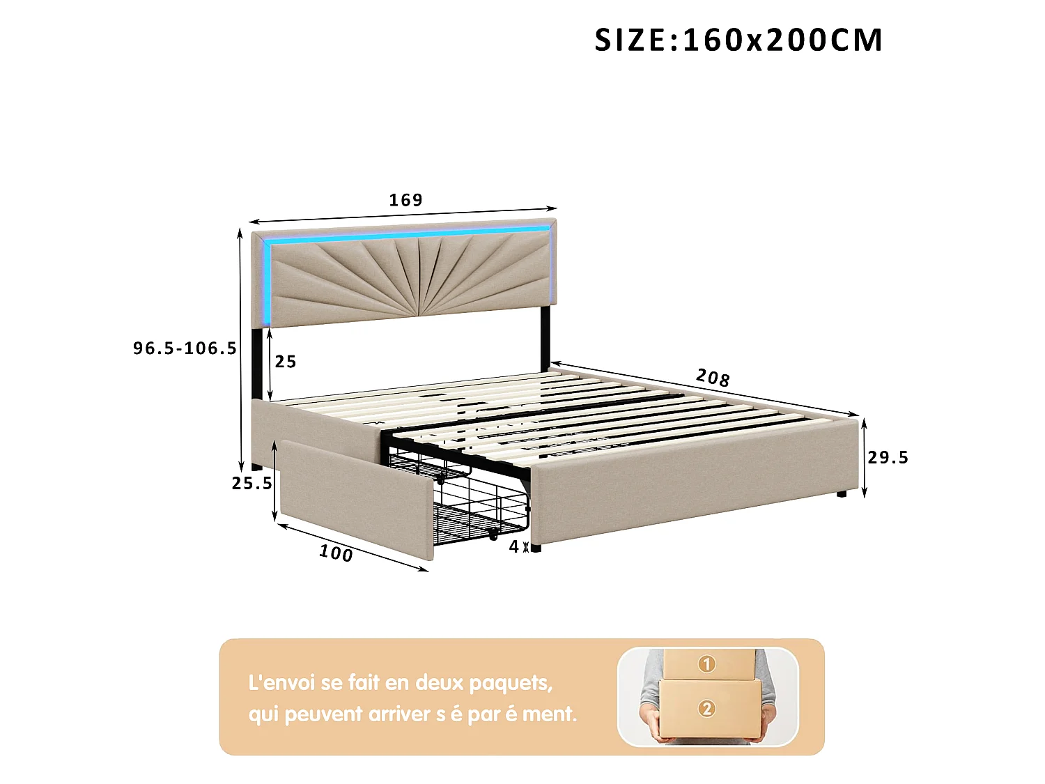 Lit adulte 160x200 cm avec 4 tiroirs, sommier à lattes et LED, revêtement en tissu de lin beige