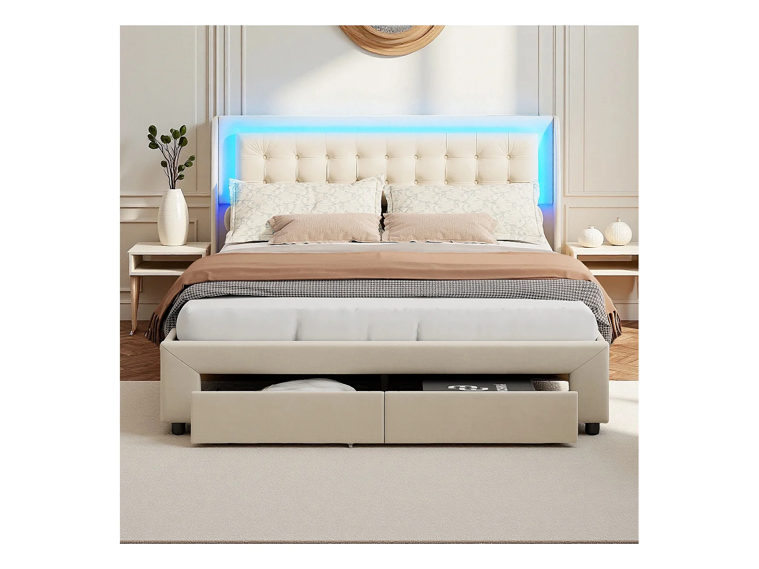 Lit 140x190 cm - NEXU - LED - lit 140x190 cm Capitonné avec tiroir et coffre - lit 140x190 cm tissu en Velours - beige