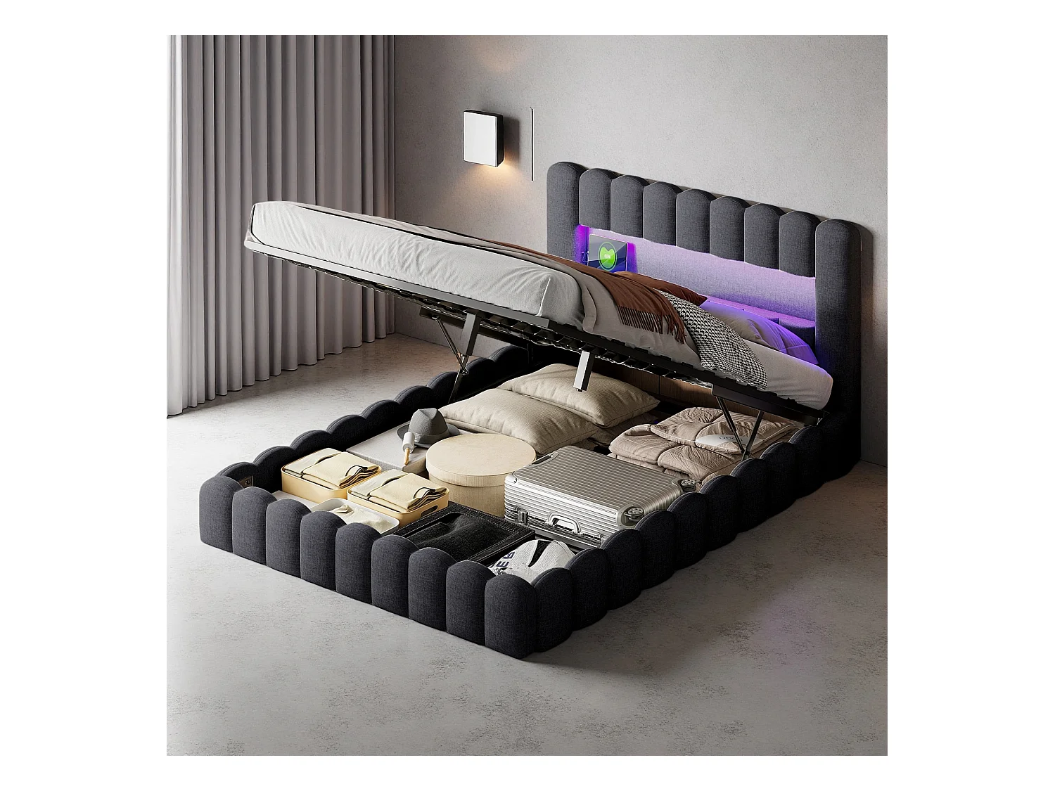 Lit 180x200 cm - NEXU - lit double 180x200 cm avec sommier à lattes - LED - USB - lit adulte 180x200 cm tissu en Lin - cadre de lit coffre 180x200 cm - gris