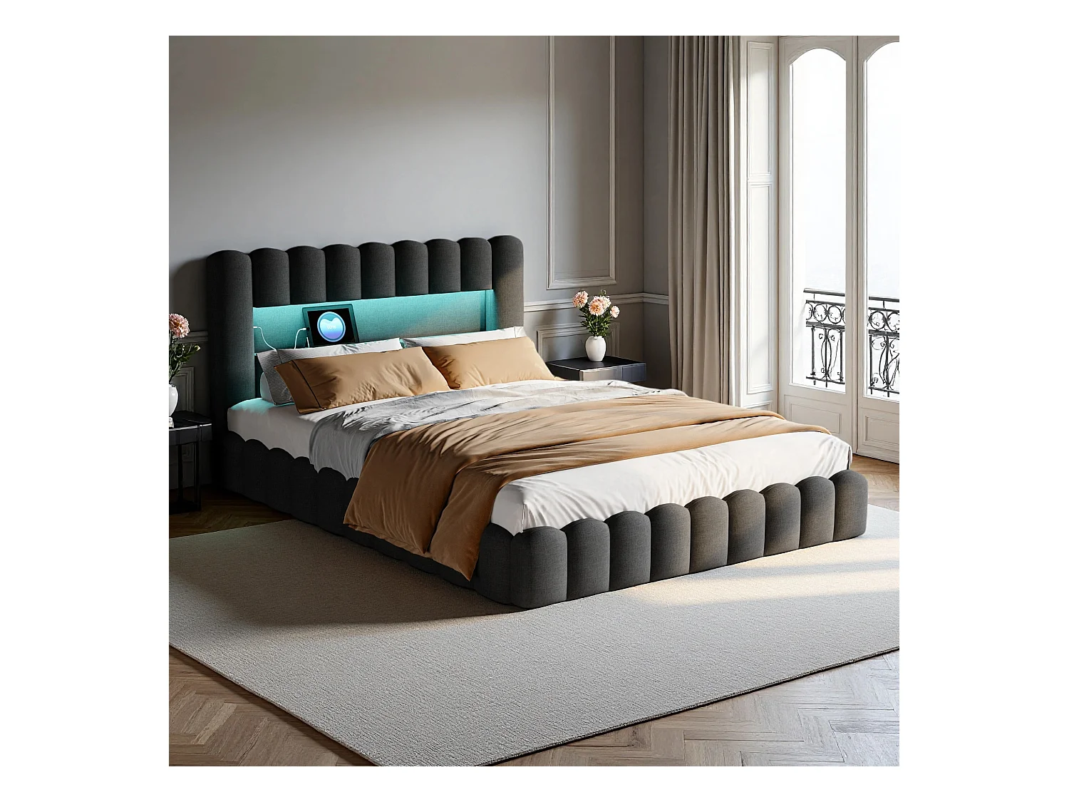 Lit 180x200 cm - NEXU - lit double 180x200 cm avec sommier à lattes - LED - USB - lit adulte 180x200 cm tissu en Lin - cadre de lit coffre 180x200 cm - gris