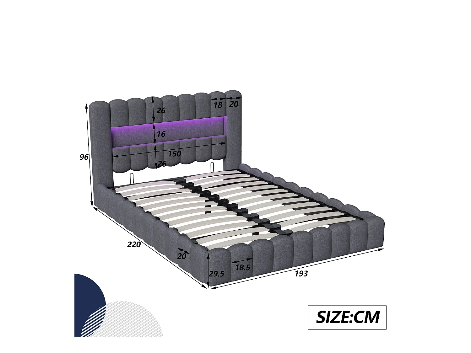 Lit 180x200 cm - NEXU - lit double 180x200 cm avec sommier à lattes - LED - USB - lit adulte 180x200 cm tissu en Lin - cadre de lit coffre 180x200 cm - gris