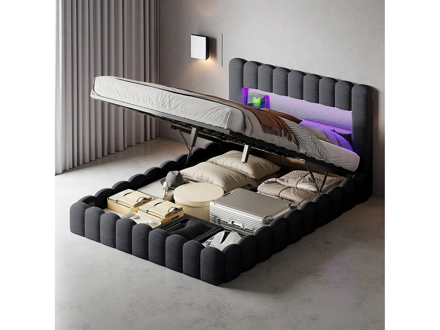 Lit coffre NEXU 180x200 cm en tissu lin gris - Lit double adulte avec sommier à lattes, éclairage LED intégré et port USB