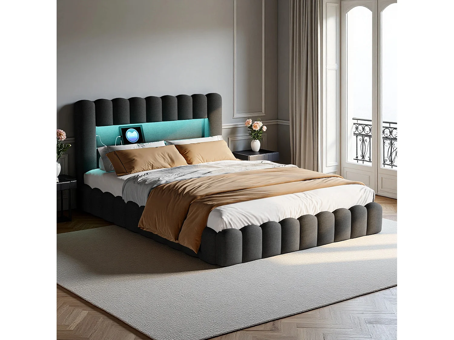 Lit coffre NEXU 180x200 cm en tissu lin gris - Lit double adulte avec sommier à lattes, éclairage LED intégré et port USB