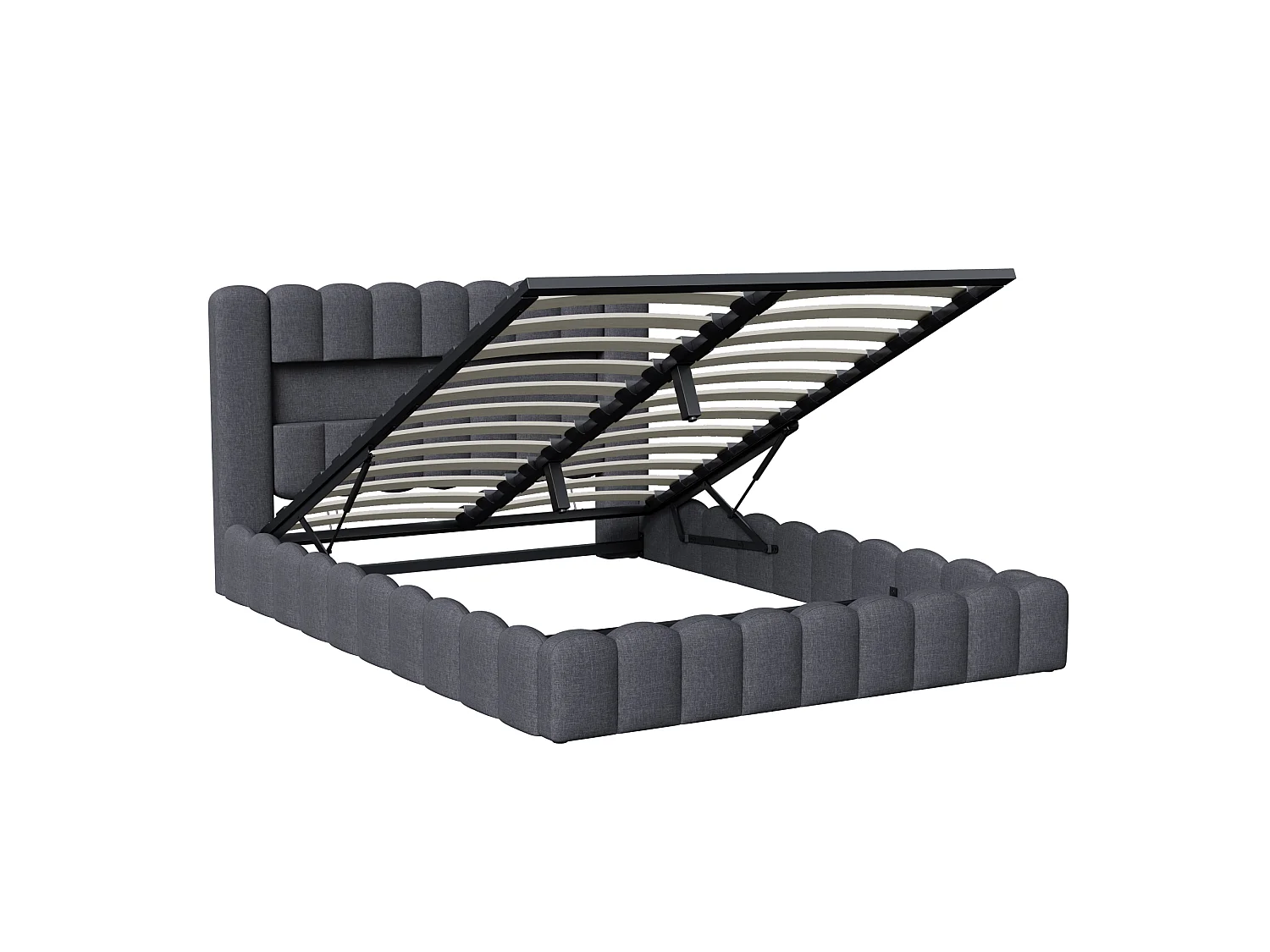 Lit coffre NEXU 180x200 cm en tissu lin gris - Lit double adulte avec sommier à lattes, éclairage LED intégré et port USB