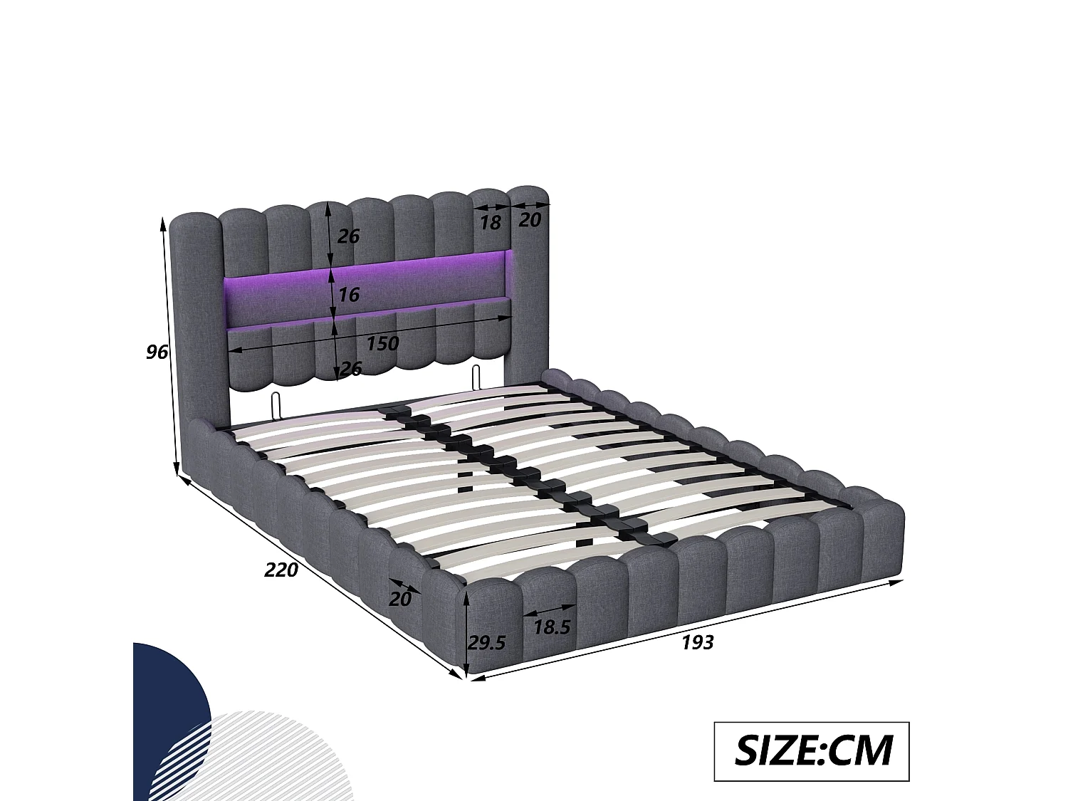 Lit coffre NEXU 180x200 cm en tissu lin gris - Lit double adulte avec sommier à lattes, éclairage LED intégré et port USB