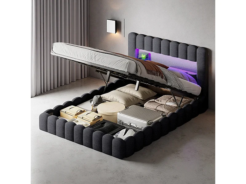 Lit 180x200 cm - NEXU - lit double 180x200 cm avec sommier à lattes - LED - USB - lit adulte 180x200 cm tissu en Lin - cadre de lit coffre 180x200 cm - gris