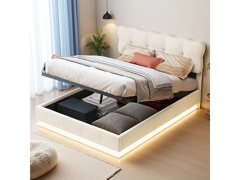 Lit 160x200 cm - NEXU - LED - lit adulte 160x200 cm avec sommier à lattes - tissu en velours - cadre de lit coffre 160x200 cm - beige