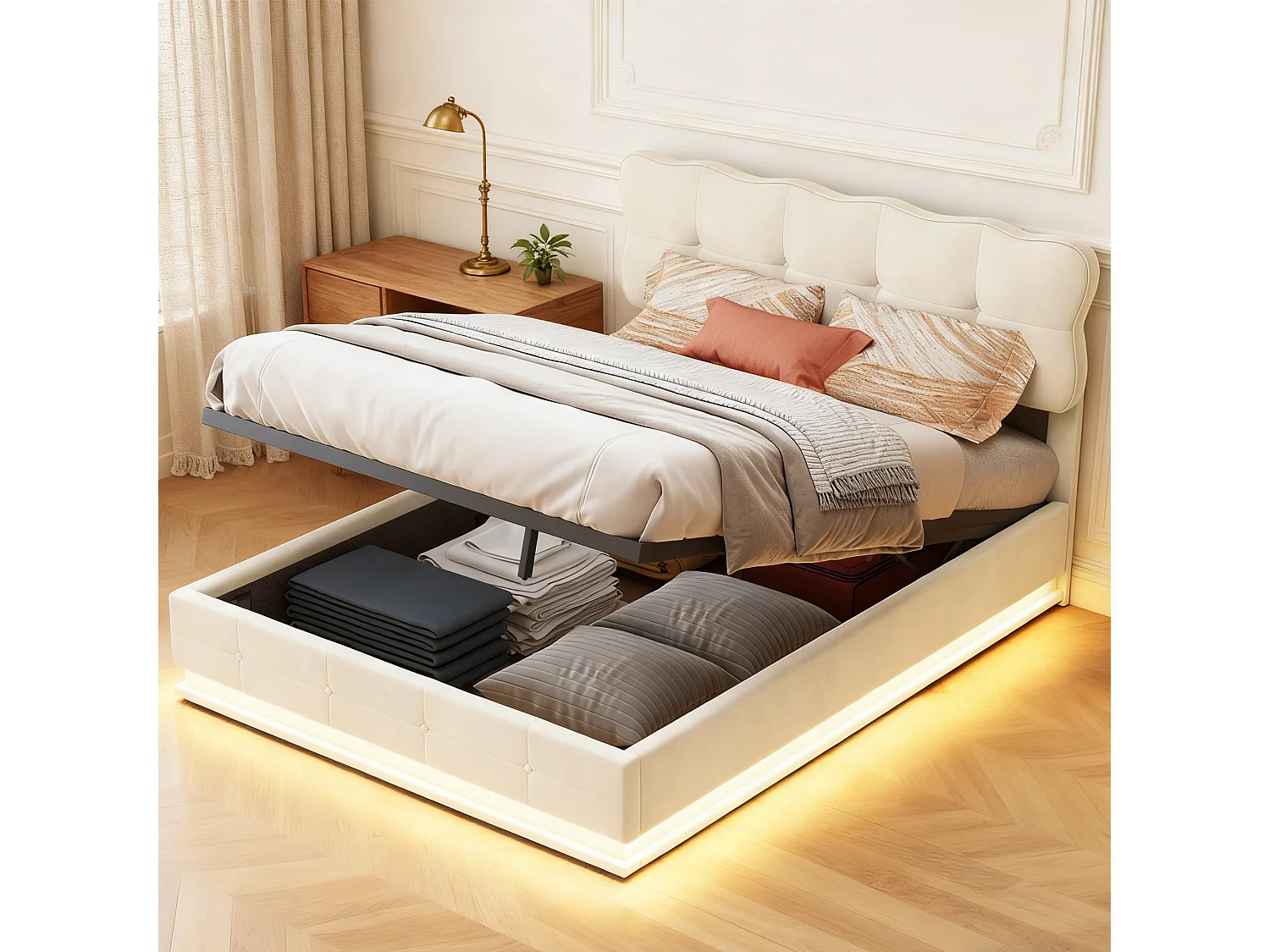 Lit coffre 160x200 cm - LED - lit adulte 160x200 cm avec sommier à lattes - tissu en velours - cadre de lit 160x200 cm cream style - beige