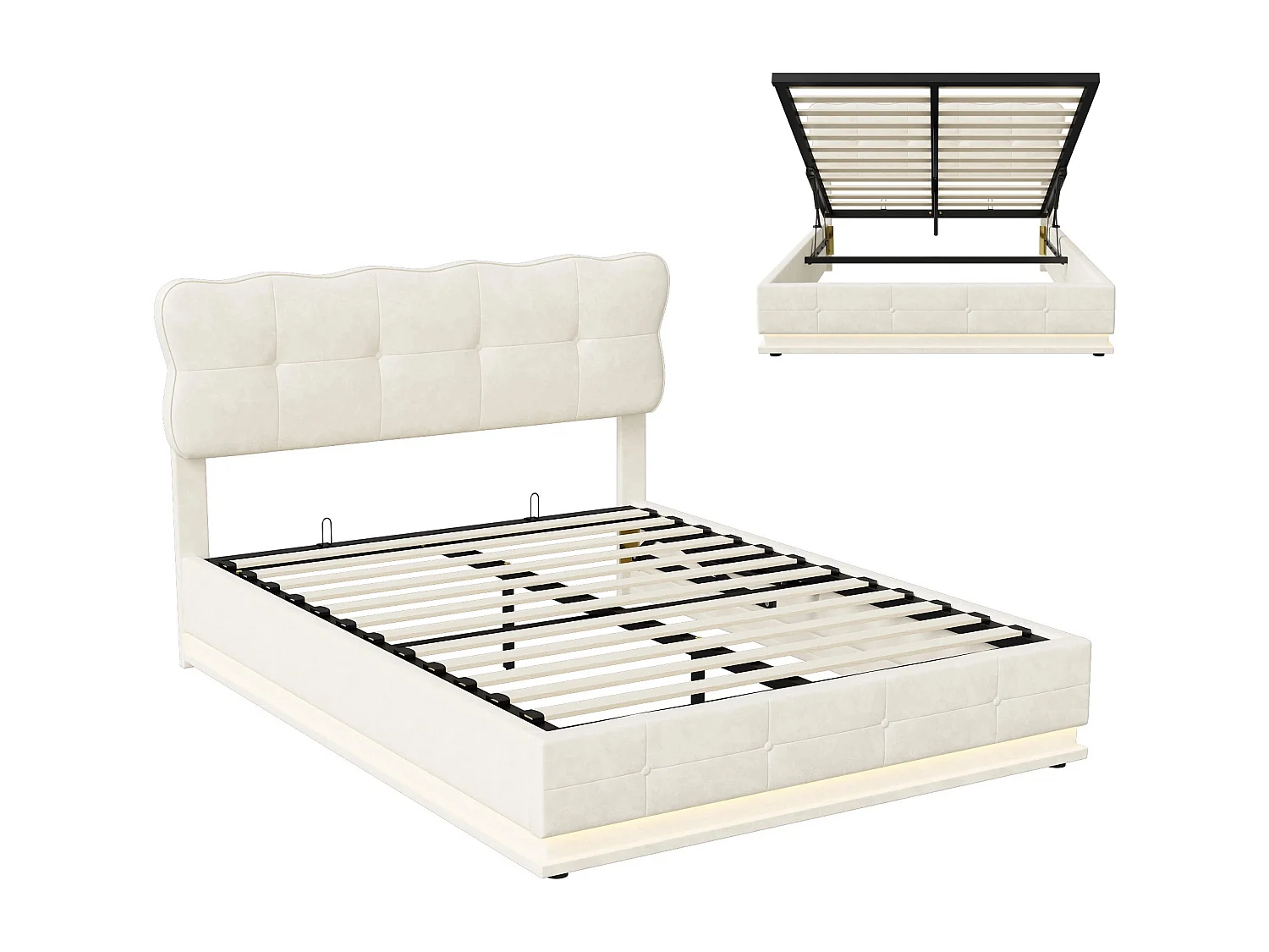 Lit coffre 160x200 cm - LED - lit adulte 160x200 cm avec sommier à lattes - tissu en velours - cadre de lit 160x200 cm cream style - beige