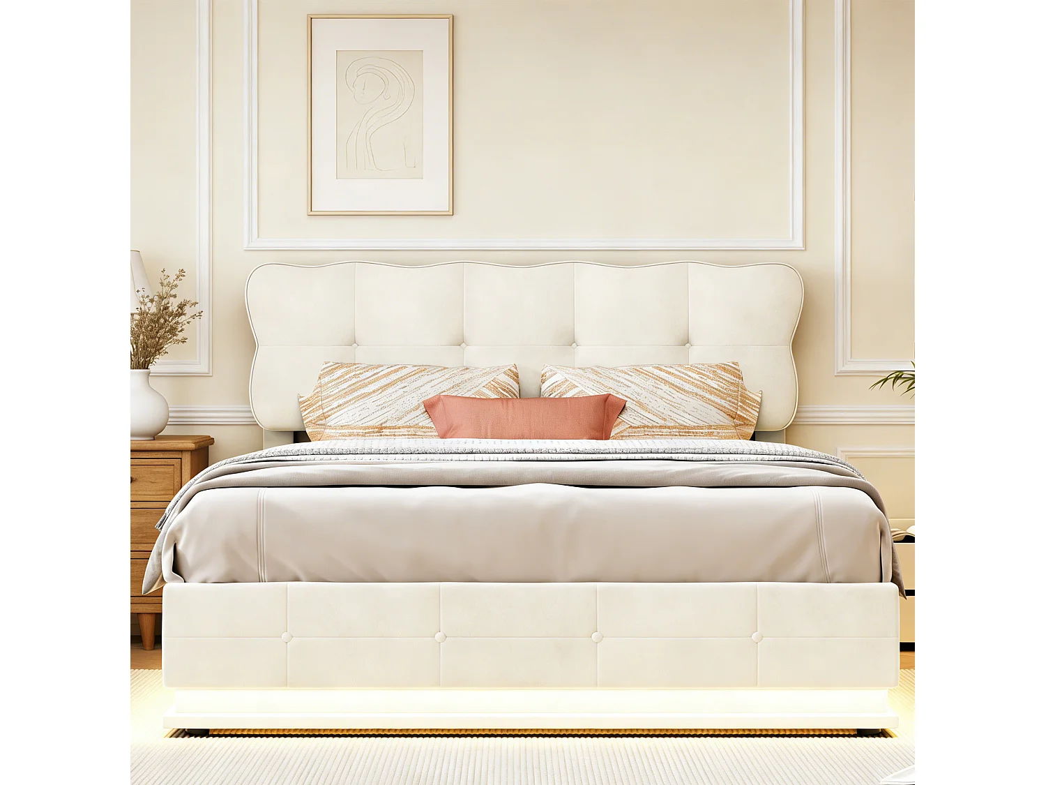 Lit coffre 160 x 200 cm - Lit adulte avec sommier à lattes, LED et rangement - tissu velours beige - style crémeux