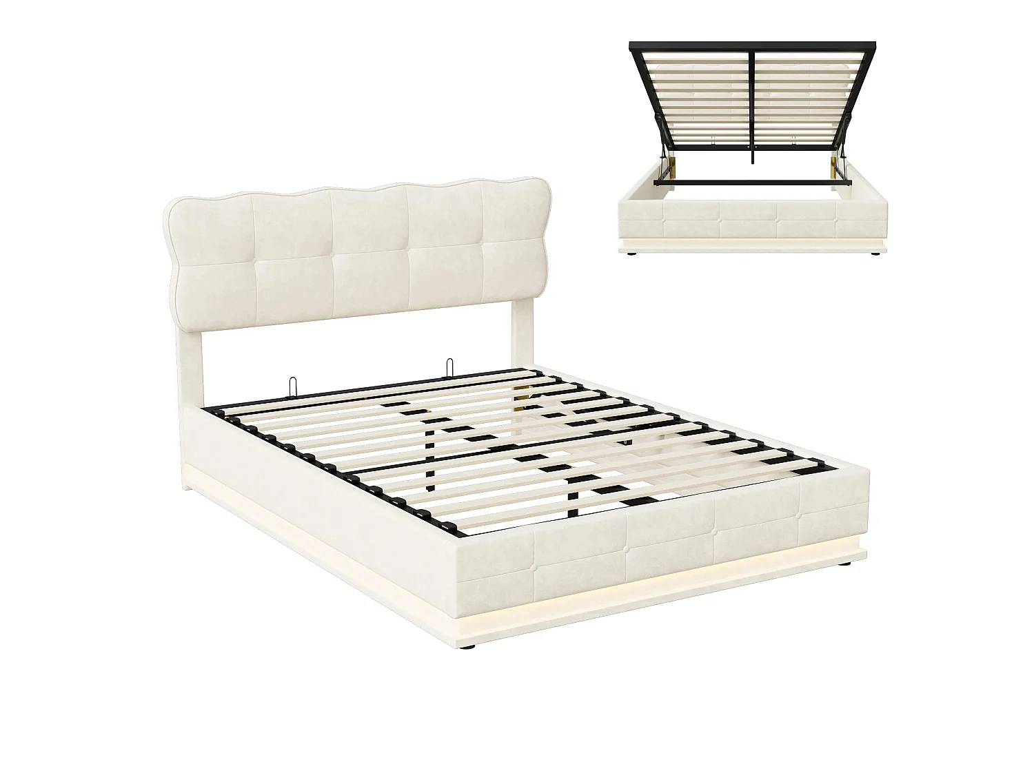 Lit coffre 160 x 200 cm - Lit adulte avec sommier à lattes, LED et rangement - tissu velours beige - style crémeux