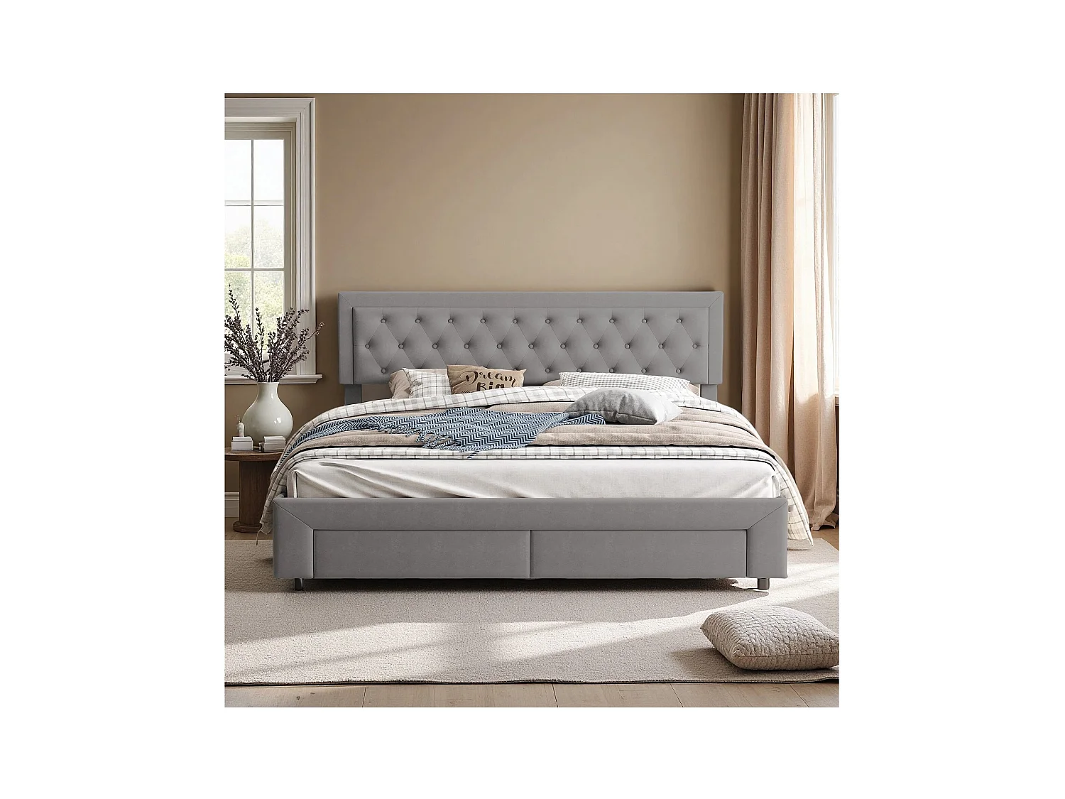 Lit adulte 180x200 cm avec sommier à lattes -NEXU -  lit  tiroir 180x200 cm - lit double 180x200 cm tissu en velours- cadre de lit coffre 180x200 cm - gris