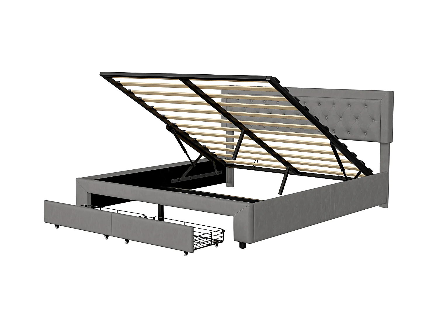 Lit adulte 180x200 cm avec sommier à lattes -NEXU -  lit  tiroir 180x200 cm - lit double 180x200 cm tissu en velours- cadre de lit coffre 180x200 cm - gris