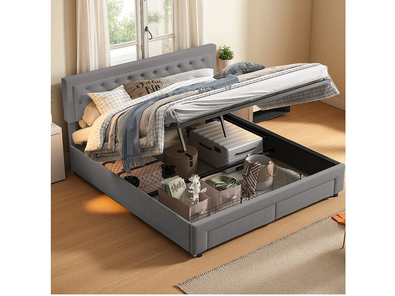 Lit adulte 180x200 cm avec sommier à lattes -NEXU -  lit  tiroir 180x200 cm - lit double 180x200 cm tissu en velours- cadre de lit coffre 180x200 cm - gris