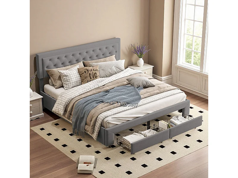 Lit adulte 180x200 cm avec sommier à lattes -NEXU -  lit  tiroir 180x200 cm - lit double 180x200 cm tissu en velours- cadre de lit coffre 180x200 cm - gris