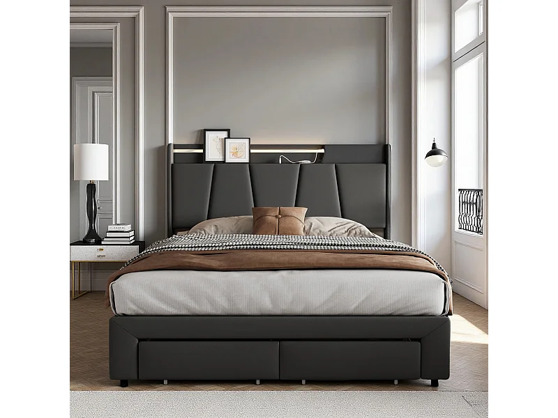 Lit coffre 140x200 cm - sommier à lattes - grand rangement - tiroirs -  lit adulte avec LED RGB et USB - lin - gris