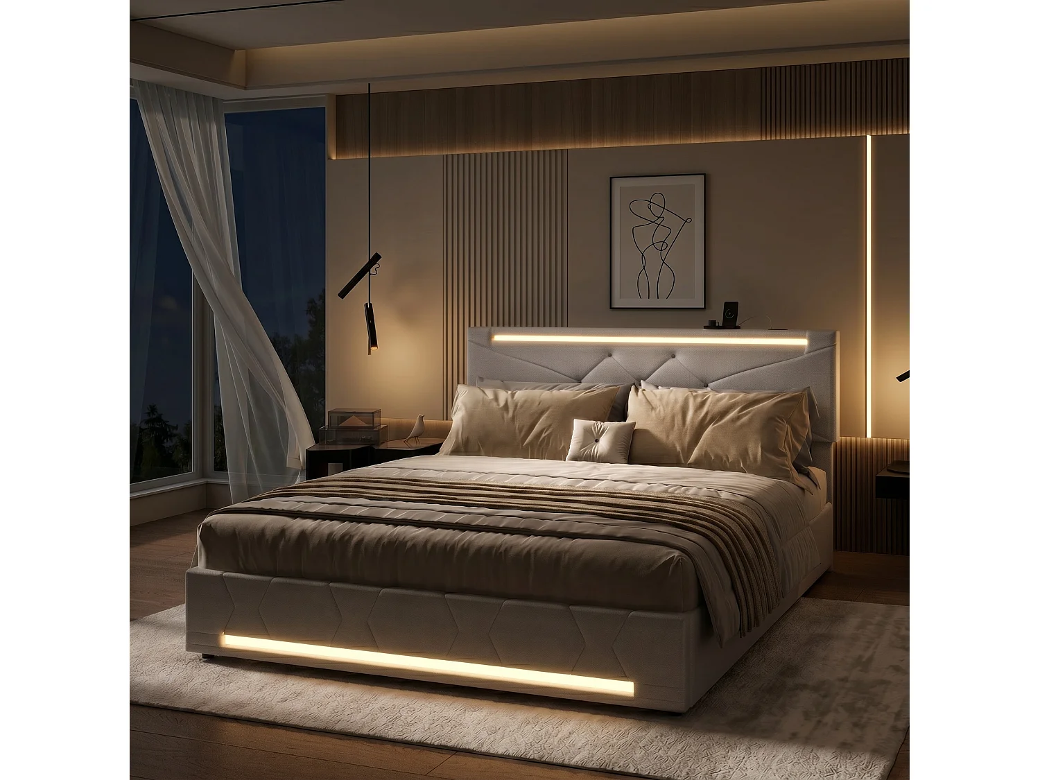 Lit coffre NEXU 140x200 cm beige en tissu lin - Lit adulte avec éclairage LED, port USB intégré et grand rangement