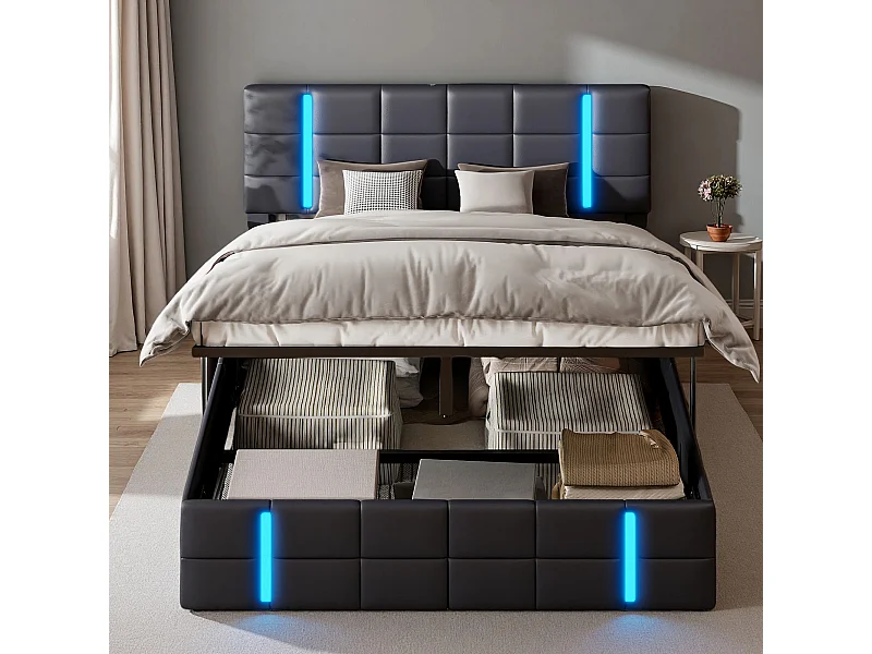 Lit 160x200 cm - NEXU - LED - USB et Type C - lit adulte 160x200 cm avec sommier à lattes - tissu en PU - cadre de lit coffre 160x200 cm - noir