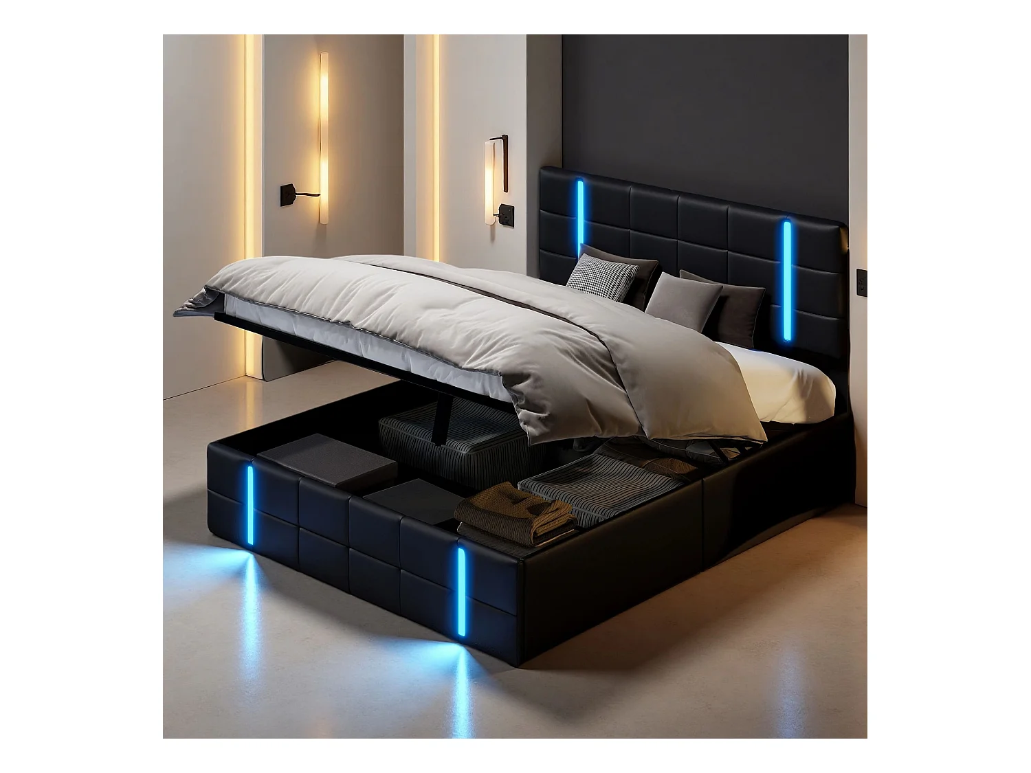 Lit 160x200 cm - NEXU - LED - USB et Type C - lit adulte 160x200 cm avec sommier à lattes - tissu en PU - cadre de lit coffre 160x200 cm - noir