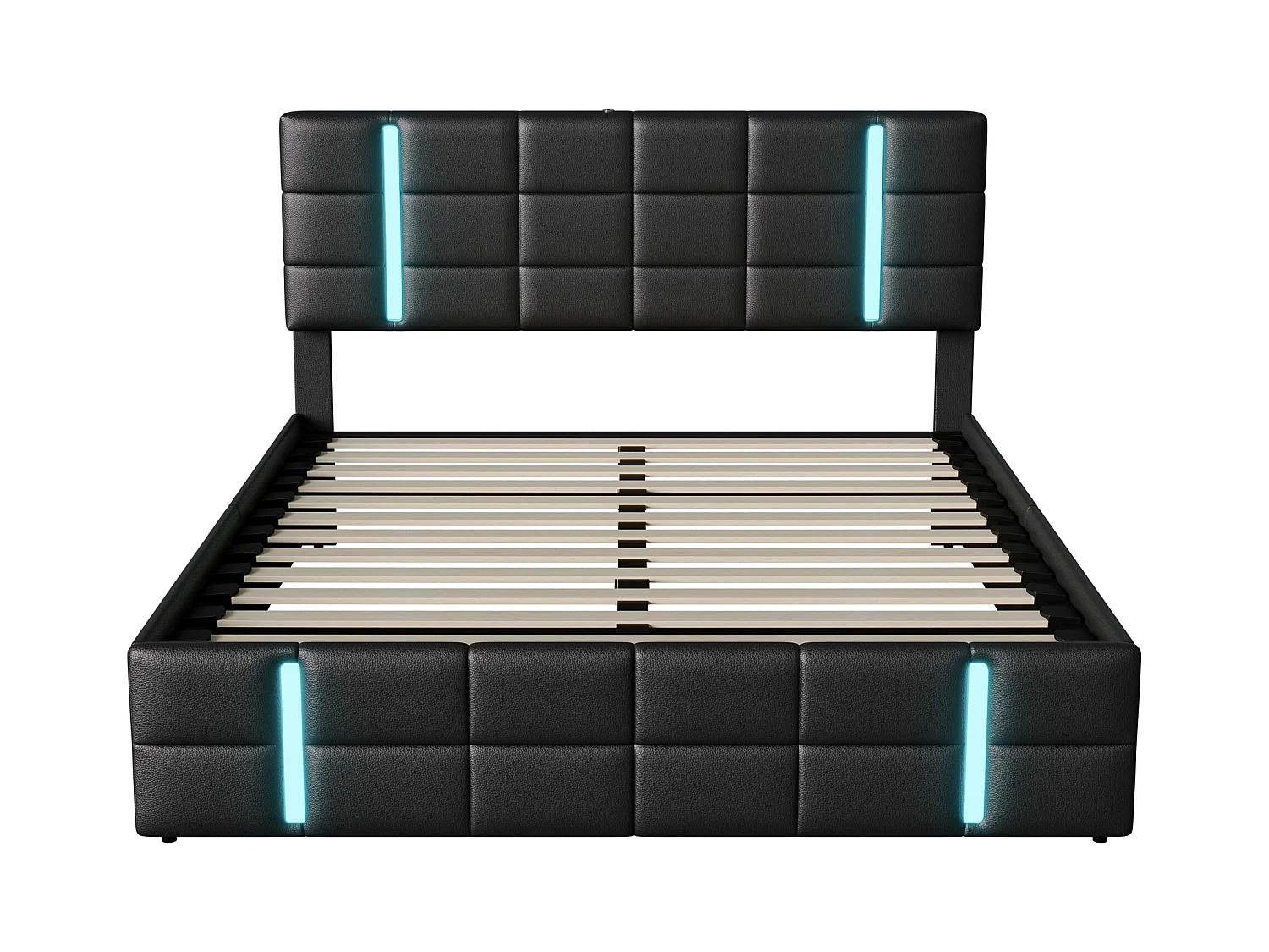 Lit 160x200 cm - NEXU - LED - USB et Type C - lit adulte 160x200 cm avec sommier à lattes - tissu en PU - cadre de lit coffre 160x200 cm - noir