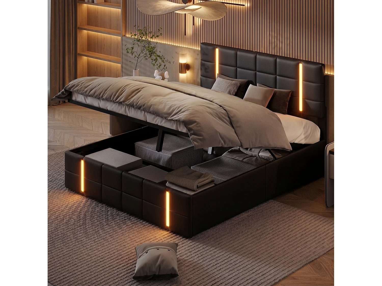 Lit coffre 160x200 cm avec sommier à lattes, tête de lit capitonnée, LED et ports de charge USB et Type-C, revêtement en PU noir