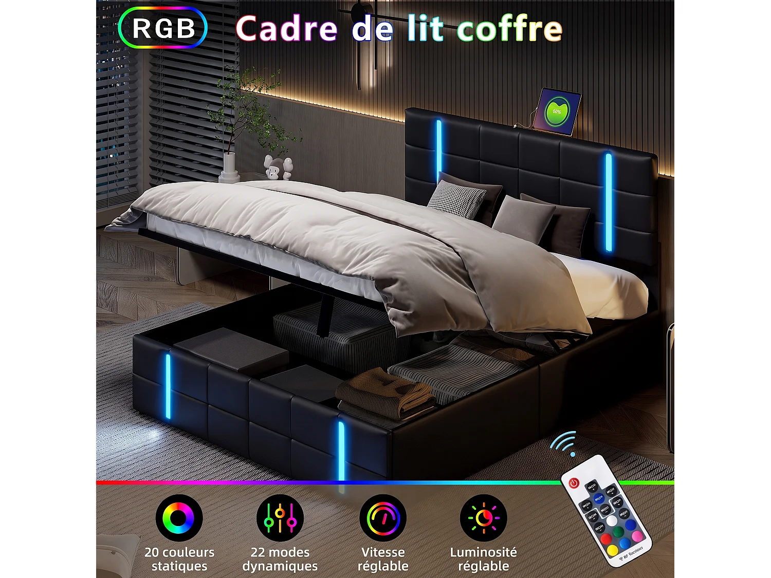 Lit coffre 160x200 cm avec sommier à lattes, tête de lit capitonnée, LED et ports de charge USB et Type-C, revêtement en PU noir