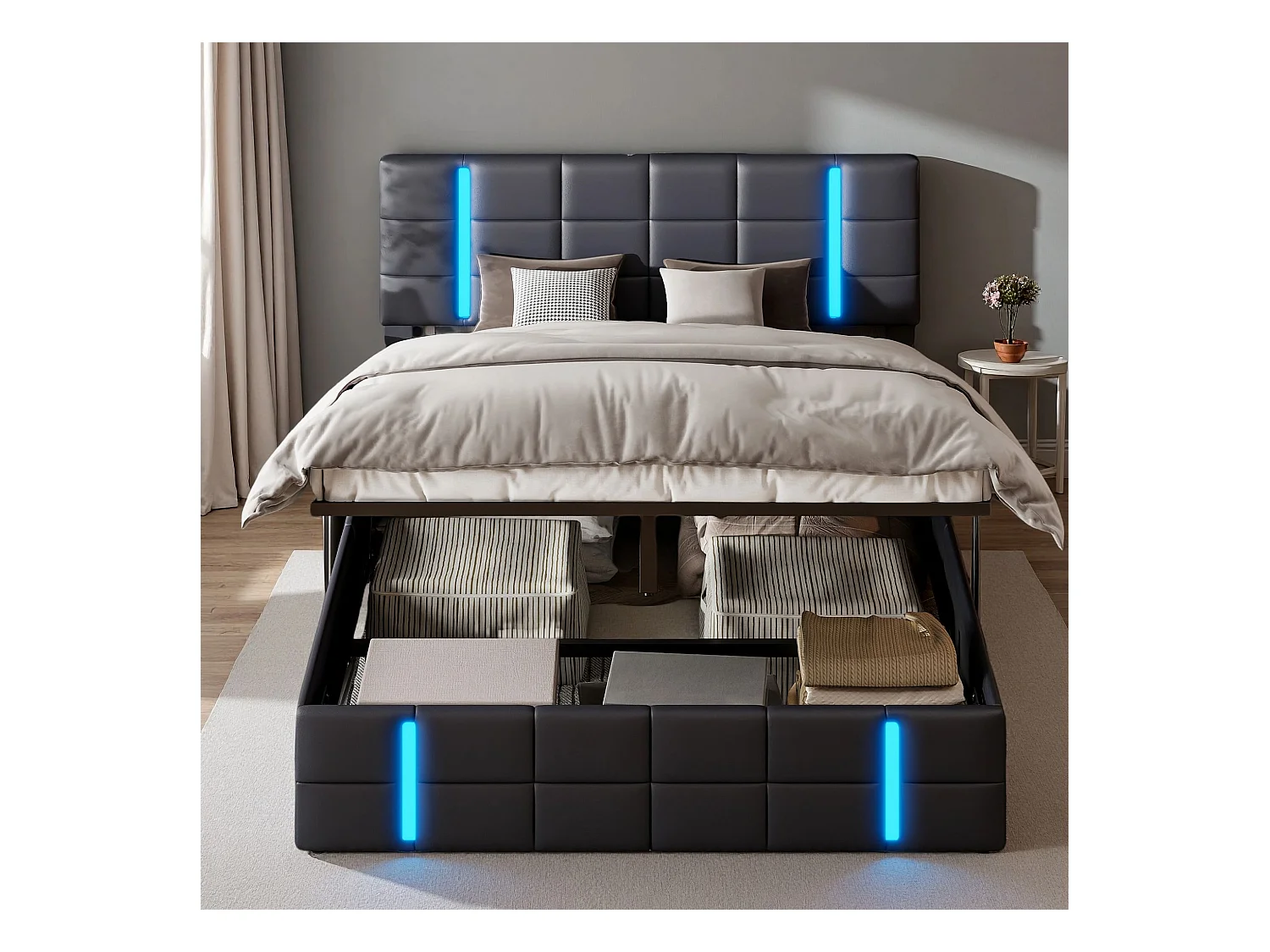 Lit adulte 140x200 cm - NEXU - LED - USB et Type C - lit double 140x200 cm avec sommier à lattes - tissu en PU - cadre de lit coffre 140x200 cm - noir