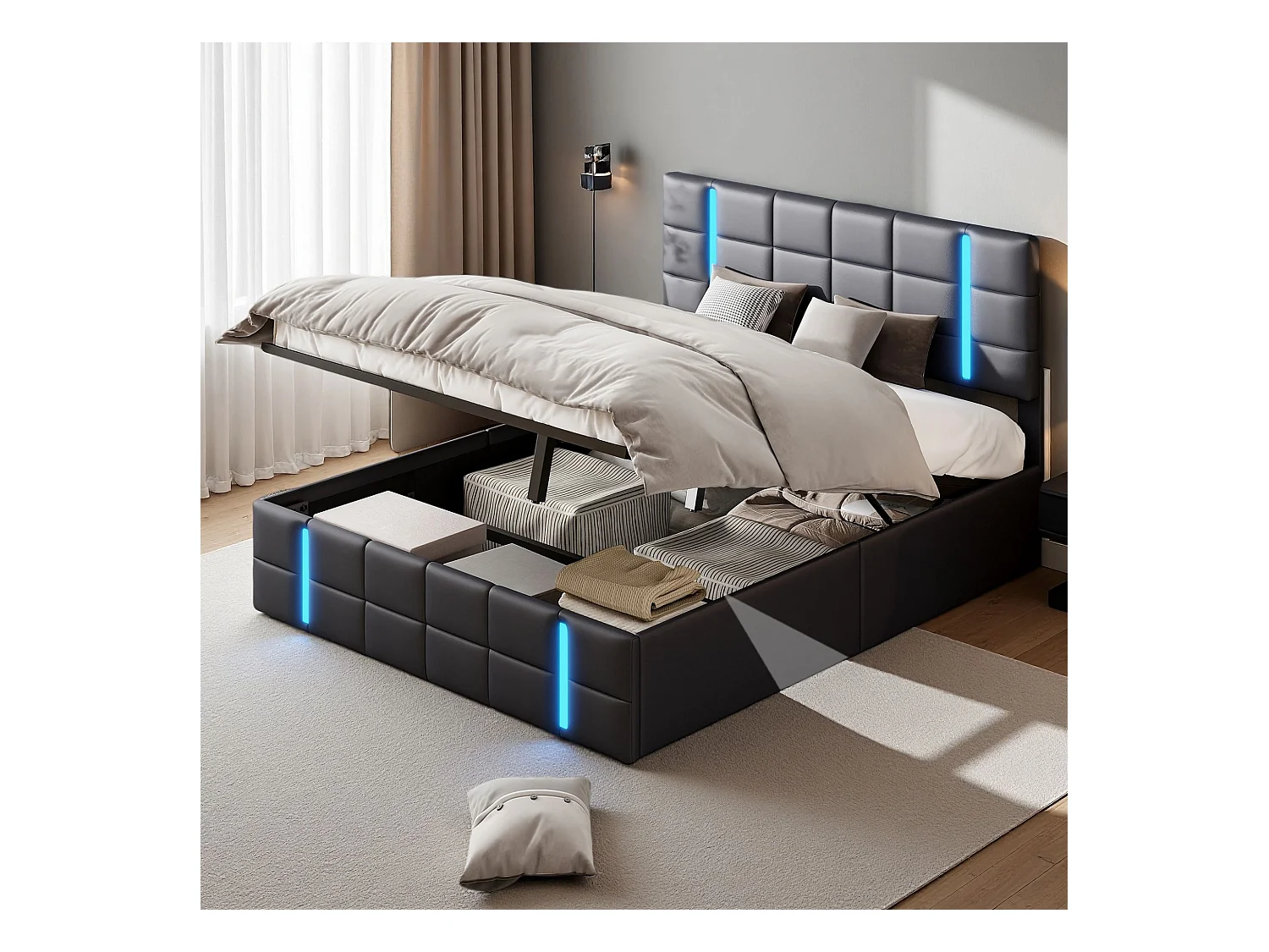 Lit adulte 140x200 cm - NEXU - LED - USB et Type C - lit double 140x200 cm avec sommier à lattes - tissu en PU - cadre de lit coffre 140x200 cm - noir