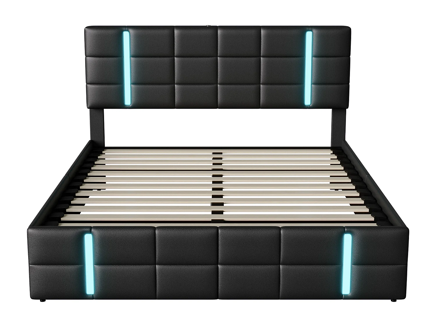 Lit adulte 140x200 cm - NEXU - LED - USB et Type C - lit double 140x200 cm avec sommier à lattes - tissu en PU - cadre de lit coffre 140x200 cm - noir