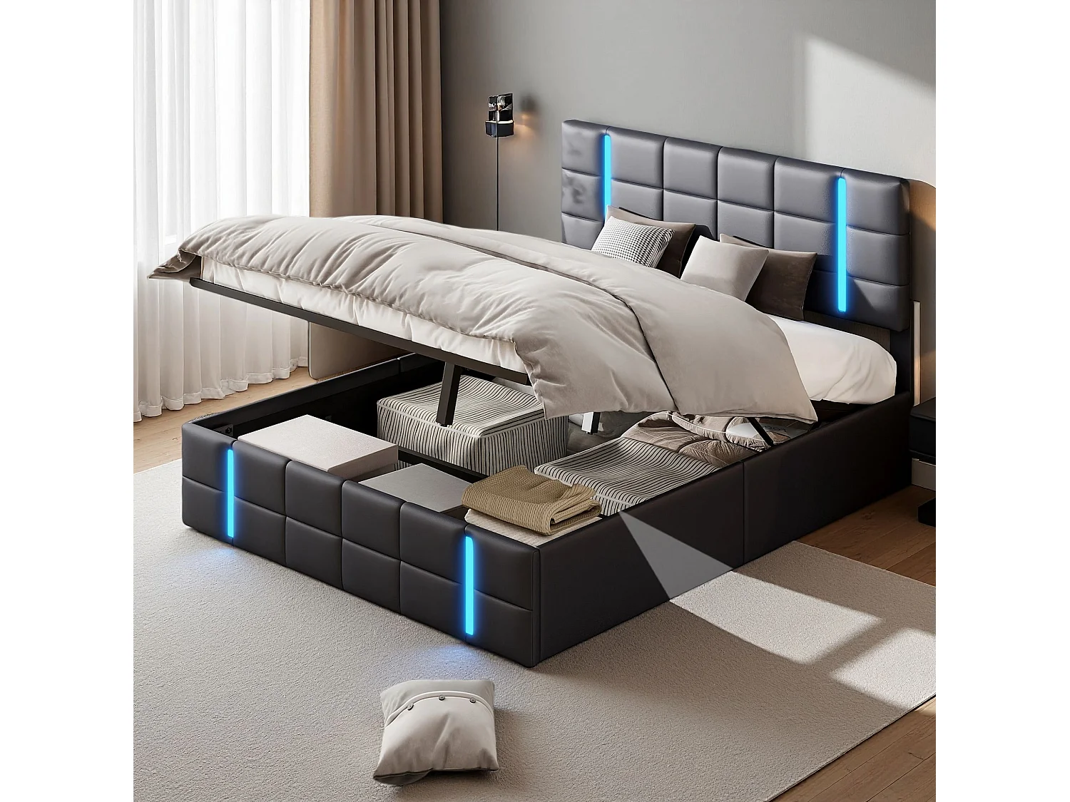 NEXU Lit coffre adulte 140x200 cm avec sommier à lattes, LED et ports de charge USB et Type-C, revêtement en PU noir