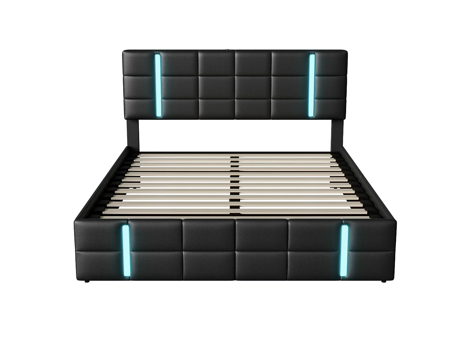 NEXU Lit coffre adulte 140x200 cm avec sommier à lattes, LED et ports de charge USB et Type-C, revêtement en PU noir